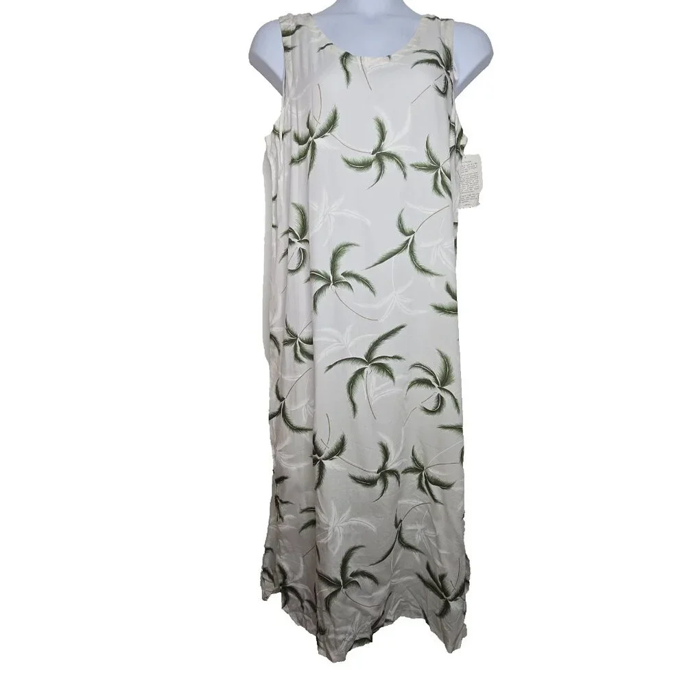Paradise Found Women's Vintage Hawaiian Dress Rayon Large White‎ Long Sleeveless